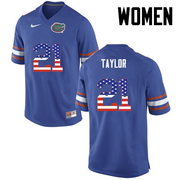 NCAA Florida Gators Fred Taylor Women's #21 USA Flag Fashion Nike Blue Stitched Authentic College Football Jersey OSI6864AQ